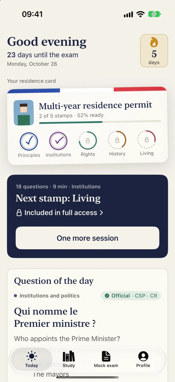 App home: the residence card with two stamps, the next session and the question of the day