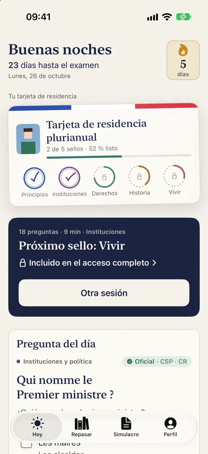Inicio de la app: la tarjeta de residencia con dos sellos, la próxima sesión y la pregunta del día
