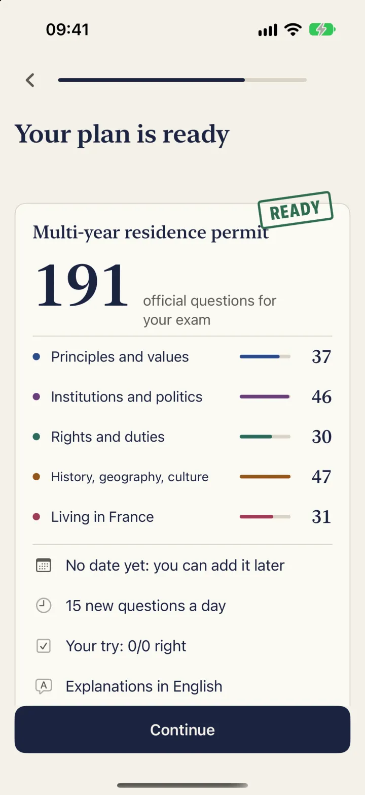 “Your plan is ready” screen: 191 official questions for the multi-year residence permit