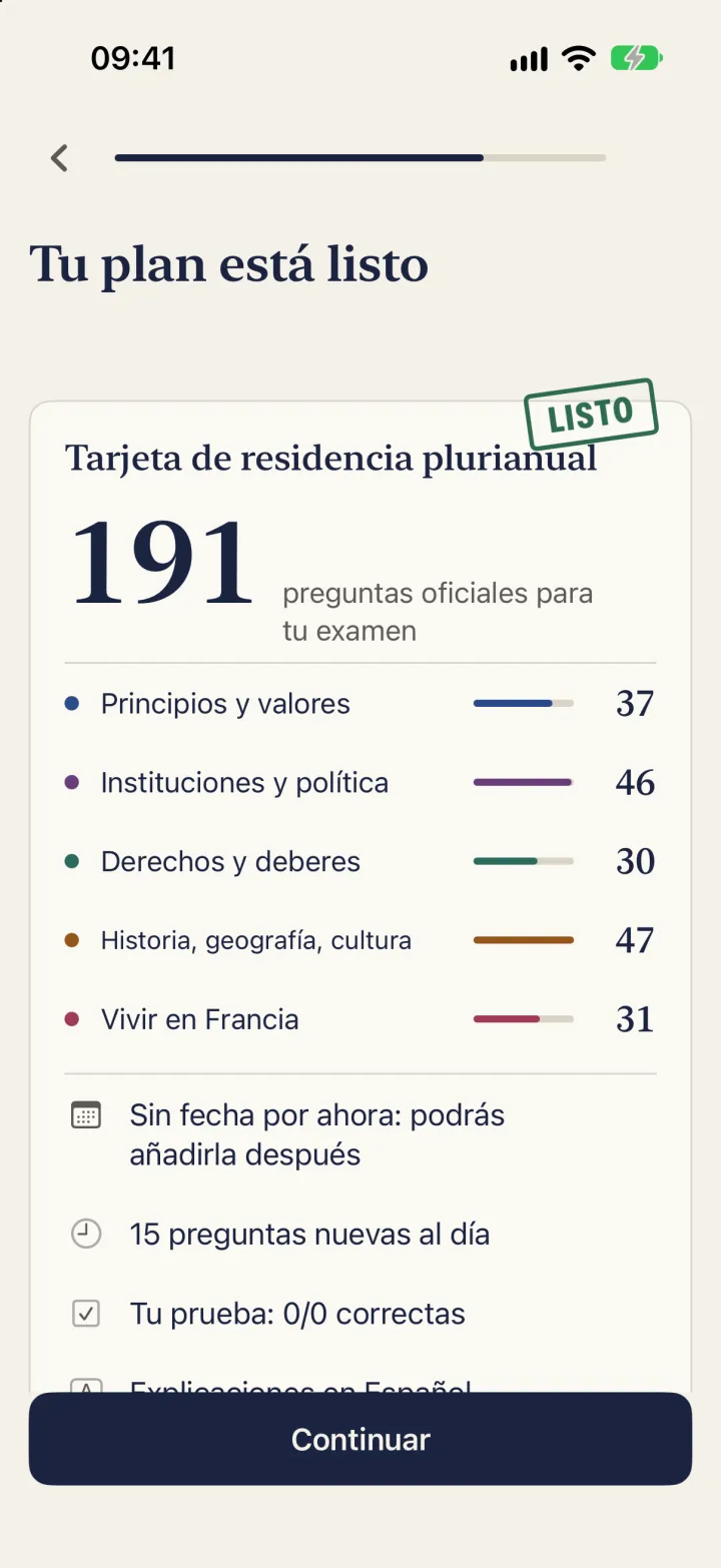 Pantalla «Tu plan está listo»: 191 preguntas oficiales para la tarjeta de residencia plurianual