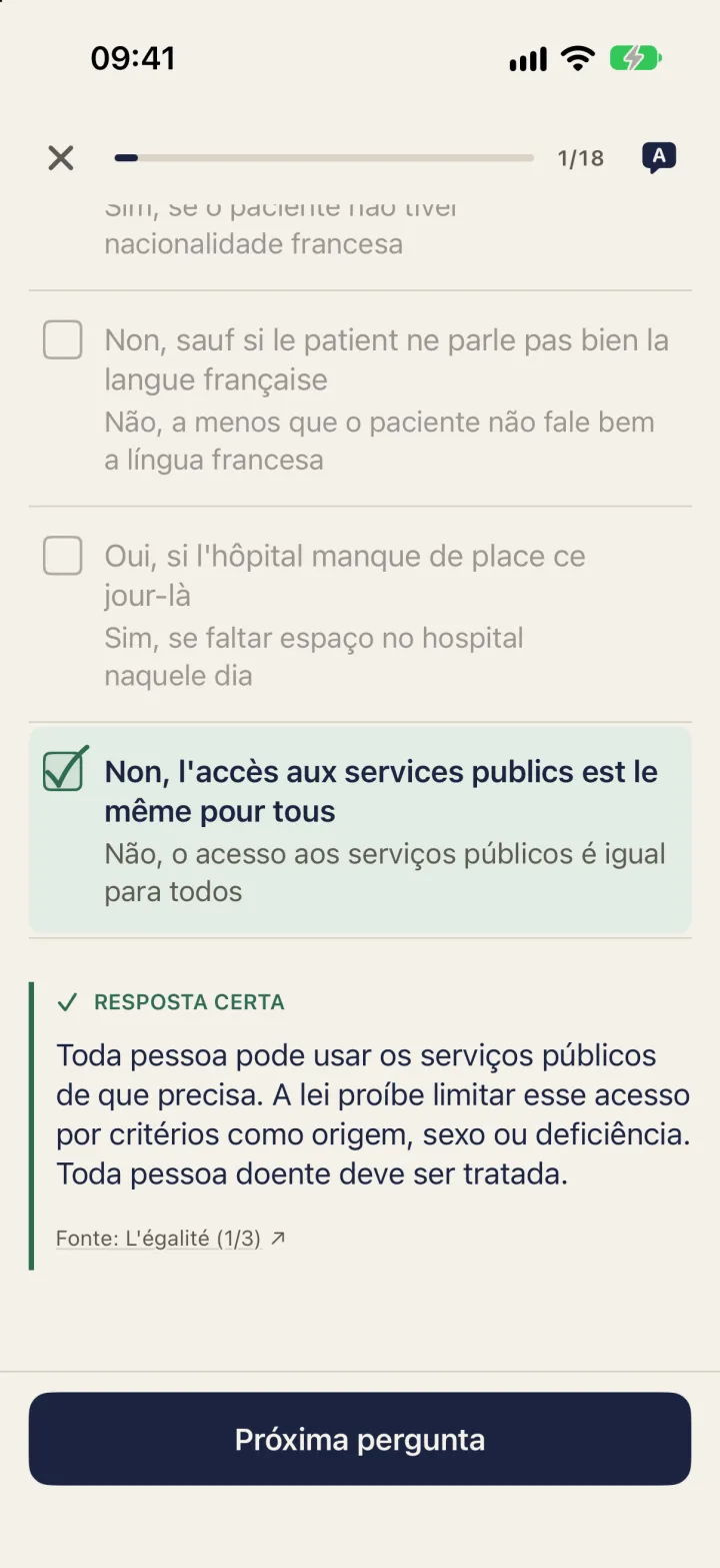 Pergunta corrigida com a explicação em português e a fonte